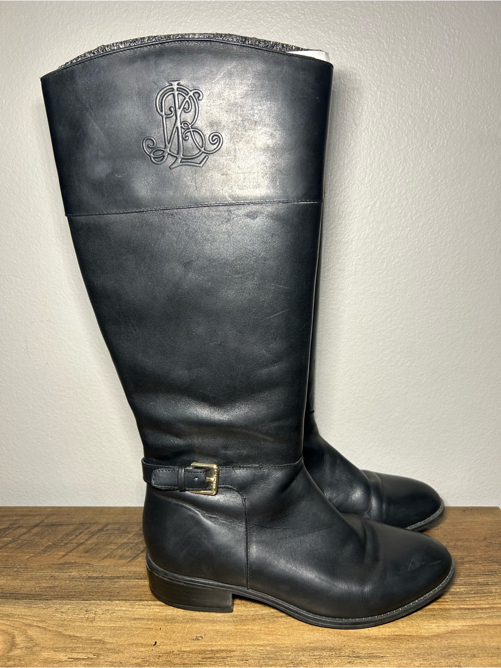 Ralph Lauren Black Leather Tall Buckle Riding Boots